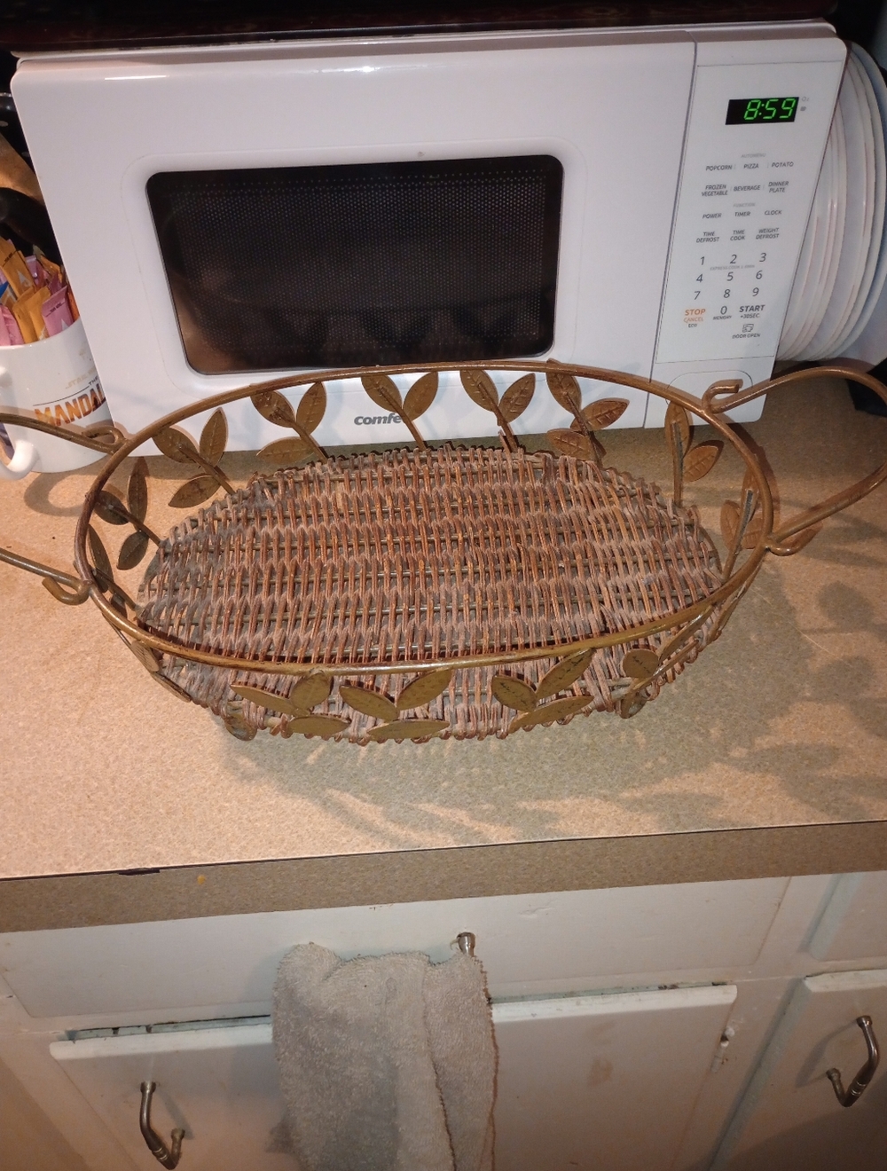 Vintage Woven Rattan Oval Serving Tray with Leaf-Accent Metal Frame